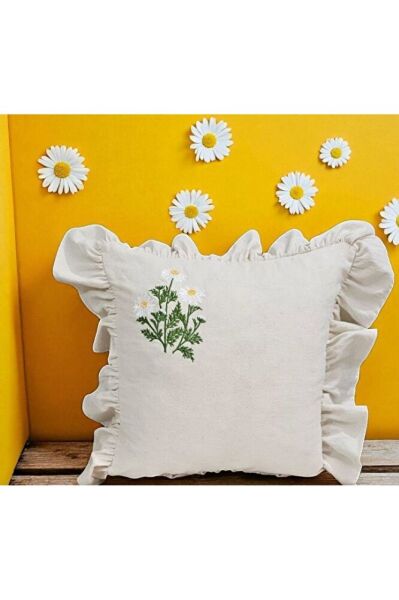 Yıkanmış Keten PAPATYA NAKISLI Fırfırlı Kırlent Kılıfı