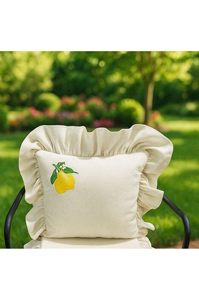 Yıkanmış Keten LİMON NAKISLI Fırfırlı Kırlent Kılıfı