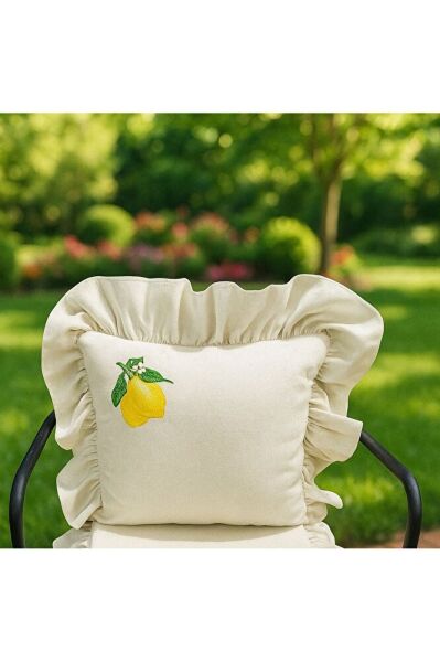 Yıkanmış Keten LİMON NAKISLI Fırfırlı Kırlent Kılıfı