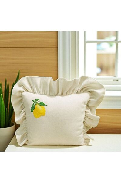Yıkanmış Keten LİMON NAKISLI Fırfırlı Kırlent Kılıfı
