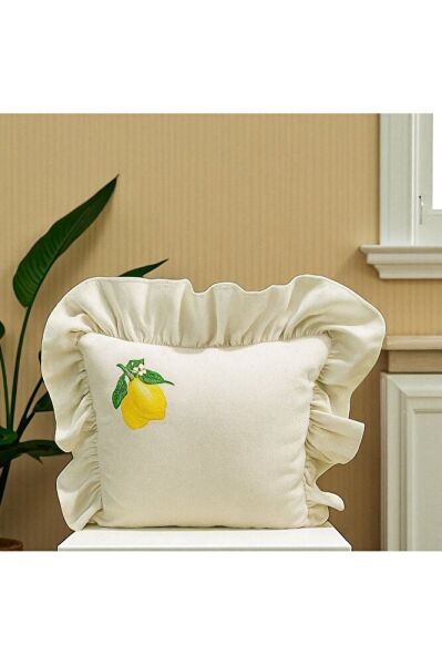 Yıkanmış Keten LİMON NAKISLI Fırfırlı Kırlent Kılıfı