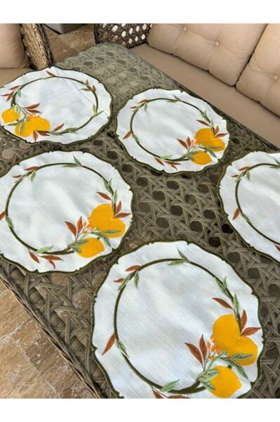 LİMON Desen Nakışlı Amerikan Servis Seti, Kokteyl Sunum Peçetesi Ithal Keten 4