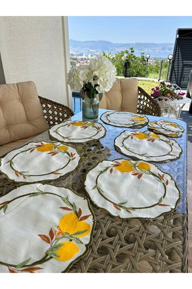 LİMON Desen Nakışlı Amerikan Servis Seti, Kokteyl Sunum Peçetesi Ithal Keten 6