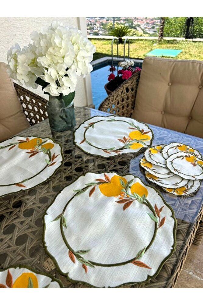 LİMON Desen Nakışlı Amerikan Servis Seti, Kokteyl Sunum Peçetesi Ithal Keten 6