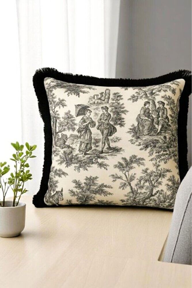 Siyah Püsküllü Fransız Köylüler Baskılı Keten Kırlent Kılıfı