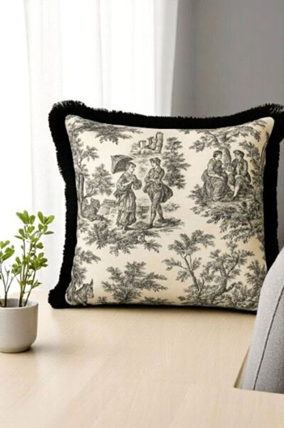 Siyah Püsküllü Fransız Köylüler Baskılı Keten Kırlent Kılıfı