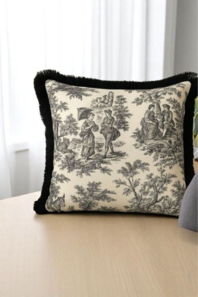 Siyah Püsküllü Fransız Köylüler Baskılı Keten Kırlent Kılıfı