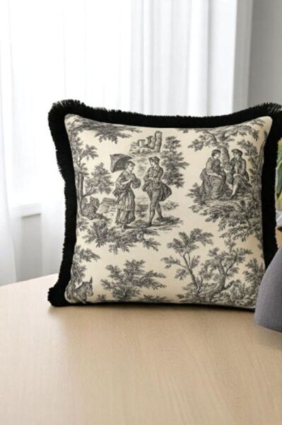 Siyah Püsküllü Fransız Köylüler Baskılı Keten Kırlent Kılıfı