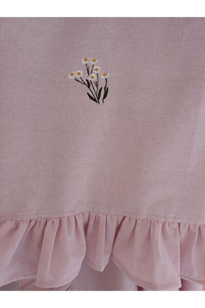 PAPATYA NAKIŞLI PEMBE Vintage Pamuk Keten FARBELA Perde (BOY X EN) PİLESİZ