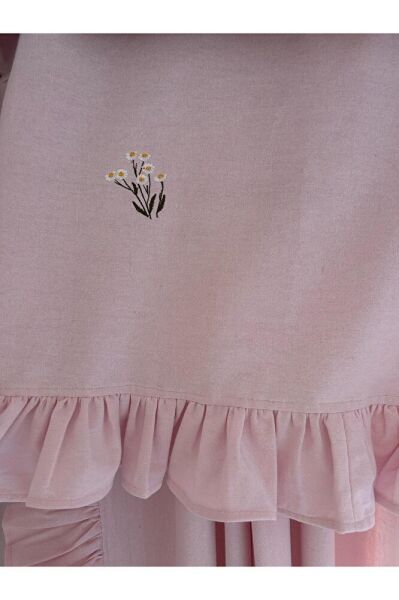 PAPATYA NAKIŞLI PEMBE Vintage Pamuk Keten FARBELA Perde (BOY X EN) PİLESİZ