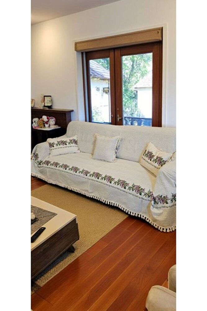 Mor Kanaviçe Işlemeli Çekyat Koltuk Örtüsü 220 x 180 Buldan Işi ( 2 Kırlent HEDİYELİ) Mor