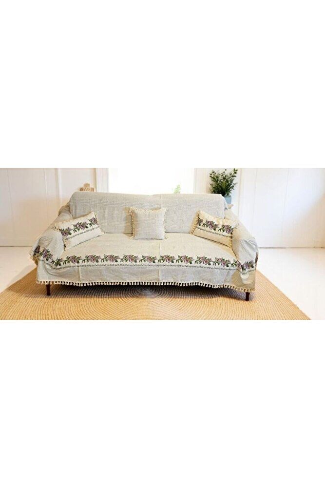 Mor Kanaviçe Işlemeli Çekyat Koltuk Örtüsü 220 x 180 Buldan Işi ( 2 Kırlent HEDİYELİ) Mor