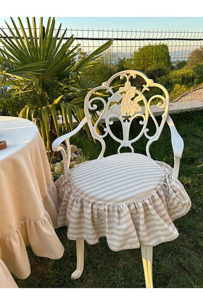 BEJ ÇİZGİLİ YUVARLAK BULDAN YIKANMIS KETEN FIRFIRLI SANDALYE MİNDERİ