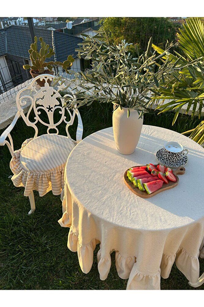 BEJ ÇİZGİLİ YUVARLAK BULDAN YIKANMIS KETEN FIRFIRLI SANDALYE MİNDERİ