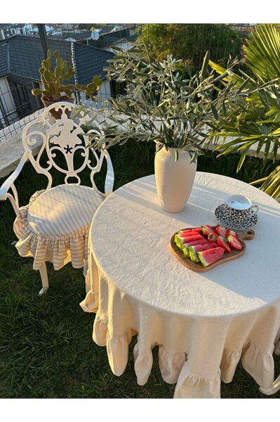 BEJ ÇİZGİLİ YUVARLAK BULDAN YIKANMIS KETEN FIRFIRLI SANDALYE MİNDERİ