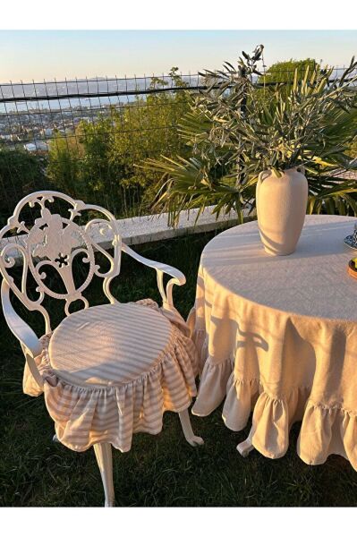 BEJ ÇİZGİLİ YUVARLAK BULDAN YIKANMIS KETEN FIRFIRLI SANDALYE MİNDERİ