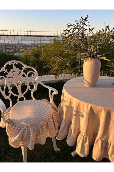 BEJ ÇİZGİLİ YUVARLAK BULDAN YIKANMIS KETEN FIRFIRLI SANDALYE MİNDERİ