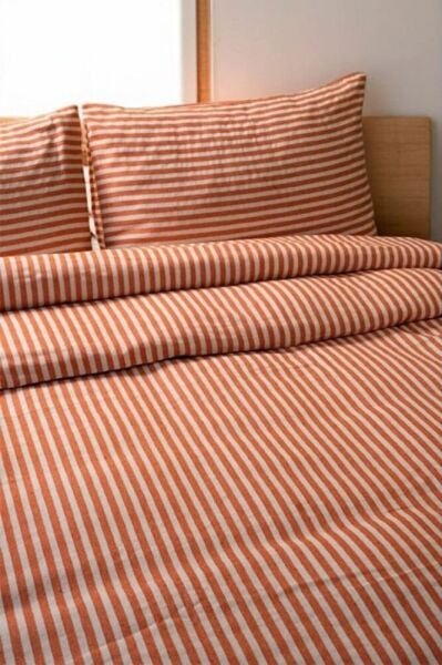Turuncu Çizgili Keten Nevresim Yastık Seti TEK KİŞİLİK 160x220 Cm