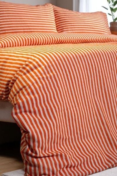 Turuncu Çizgili Keten Nevresim Yastık Seti TEK KİŞİLİK 160x220 Cm