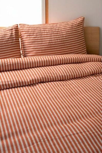 Turuncu Çizgili Keten Nevresim Yastık Seti 200x220 Cm