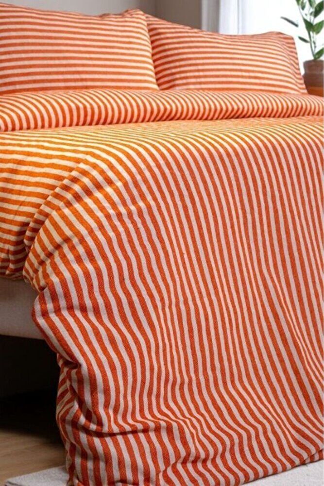 Turuncu Çizgili Keten Nevresim Yastık Seti 200x220 Cm