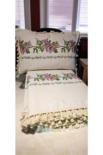 Mor Kanaviçe Işlemeli Çekyat Koltuk Örtüsü ( 6 kırlent HEDİYELİ) Buldan Işi BUYUK BOY Mor