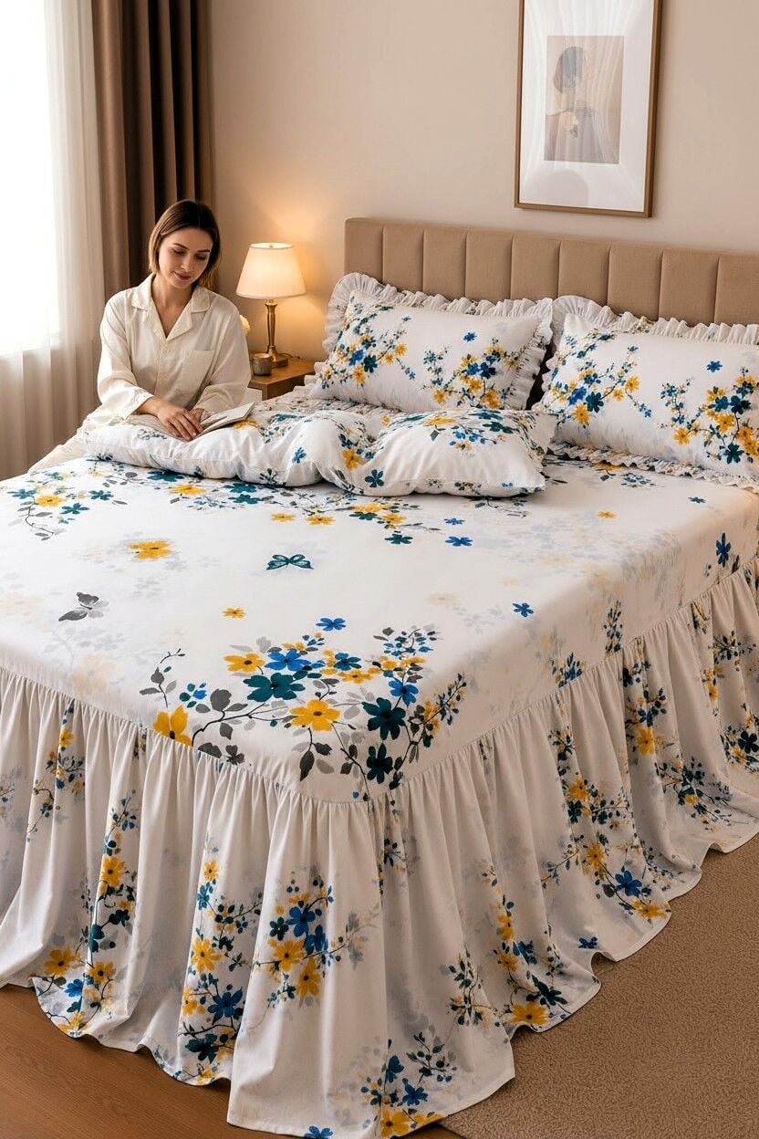 Vintage BAHAR  ÇİÇEKLİ-KELEBEKLİ Fırfırlı Etekli Lastikli Çarşaf Takımı 160 x 200