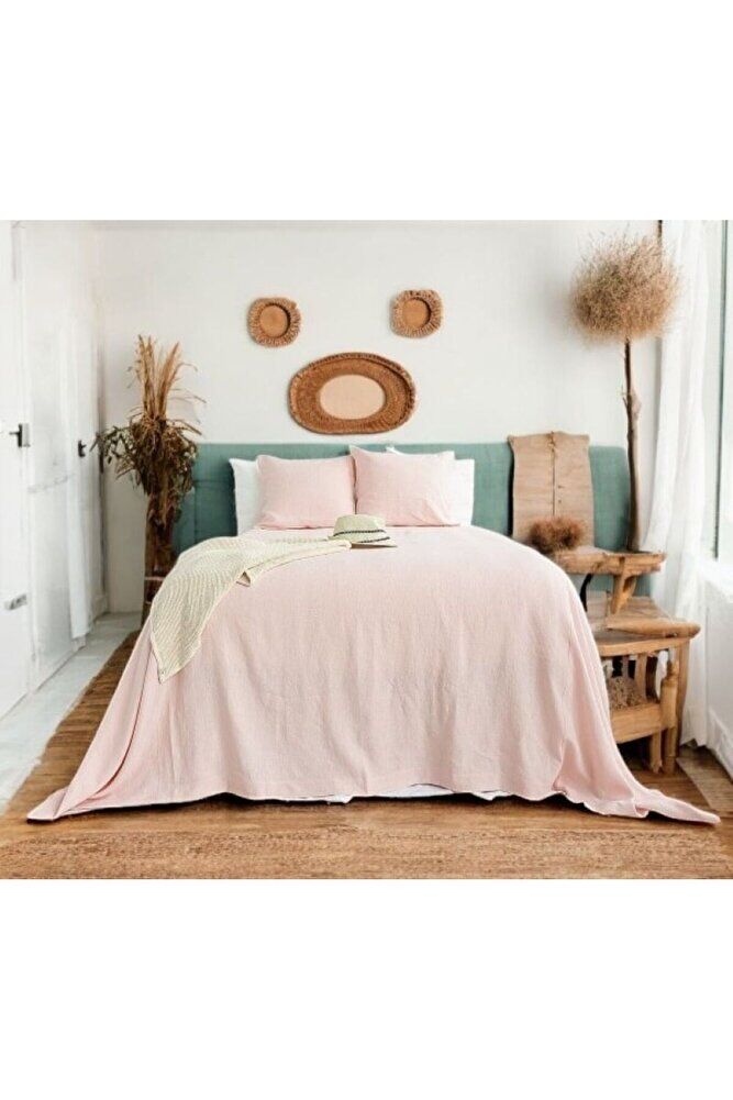 TOZ PEMBE EL YAPIMI BULDAN YATAK ORTUSU VE YASTIK KILIFI