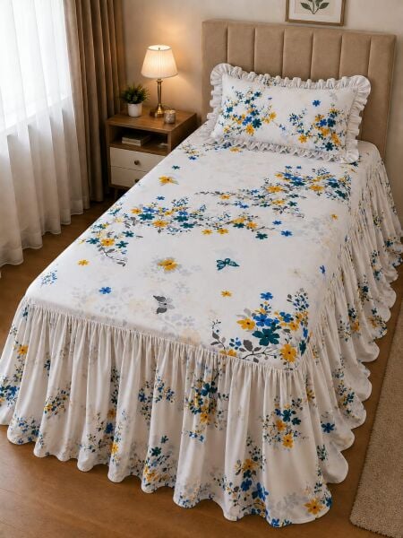 Vintage BAHAR  ÇİÇEKLİ-KELEBEKLİ Fırfırlı Etekli Lastikli Çarşaf Takımı 90 x 200
