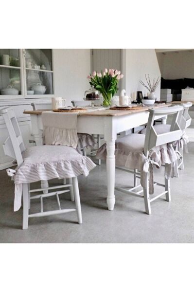 GRİ ÇİZGİLİ BULDAN YIKANMIS KETEN 4 TARAFI FIRFIRLI SANDALYE MİNDERİ