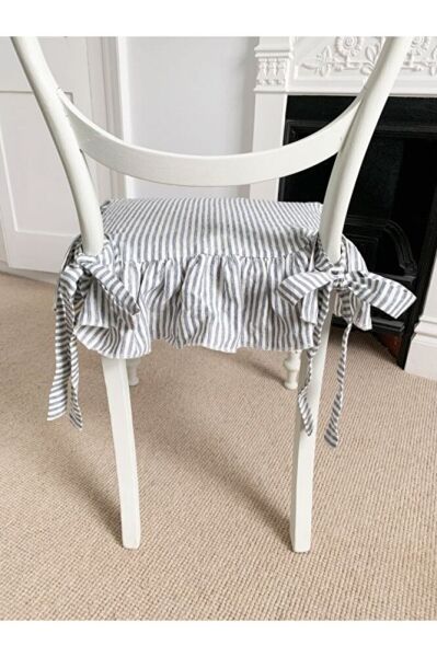 GRİ ÇİZGİLİ BULDAN YIKANMIS KETEN 4 TARAFI FIRFIRLI SANDALYE MİNDERİ