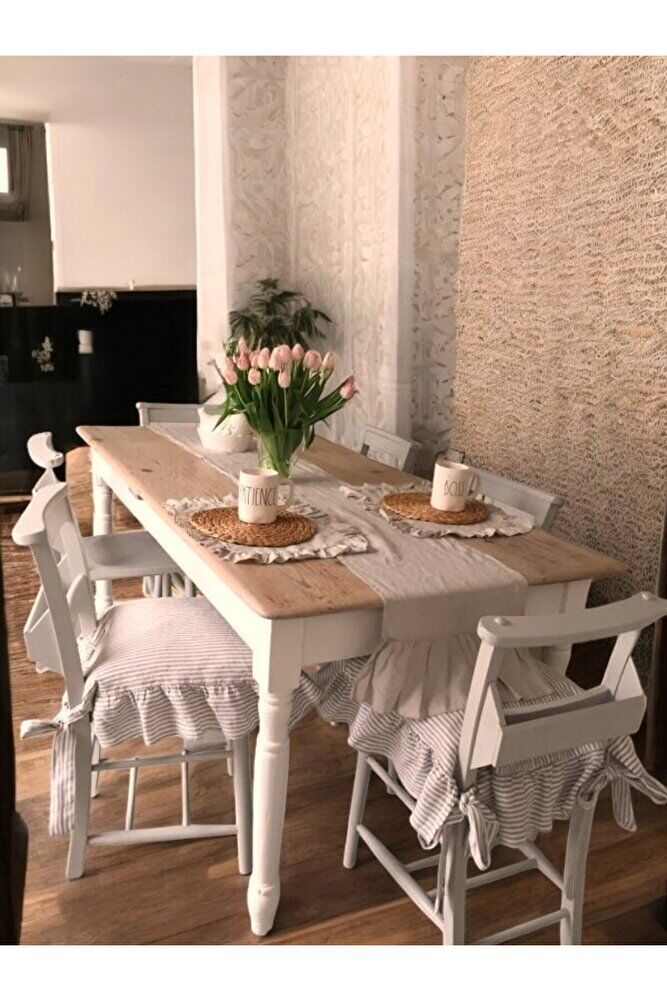 BEJ ÇİZGİLİ BULDAN YIKANMIS KETEN 4 TARAFI FIRFIRLI SANDALYE MİNDERİ