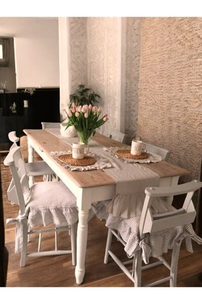 BEJ ÇİZGİLİ BULDAN YIKANMIS KETEN 4 TARAFI FIRFIRLI SANDALYE MİNDERİ