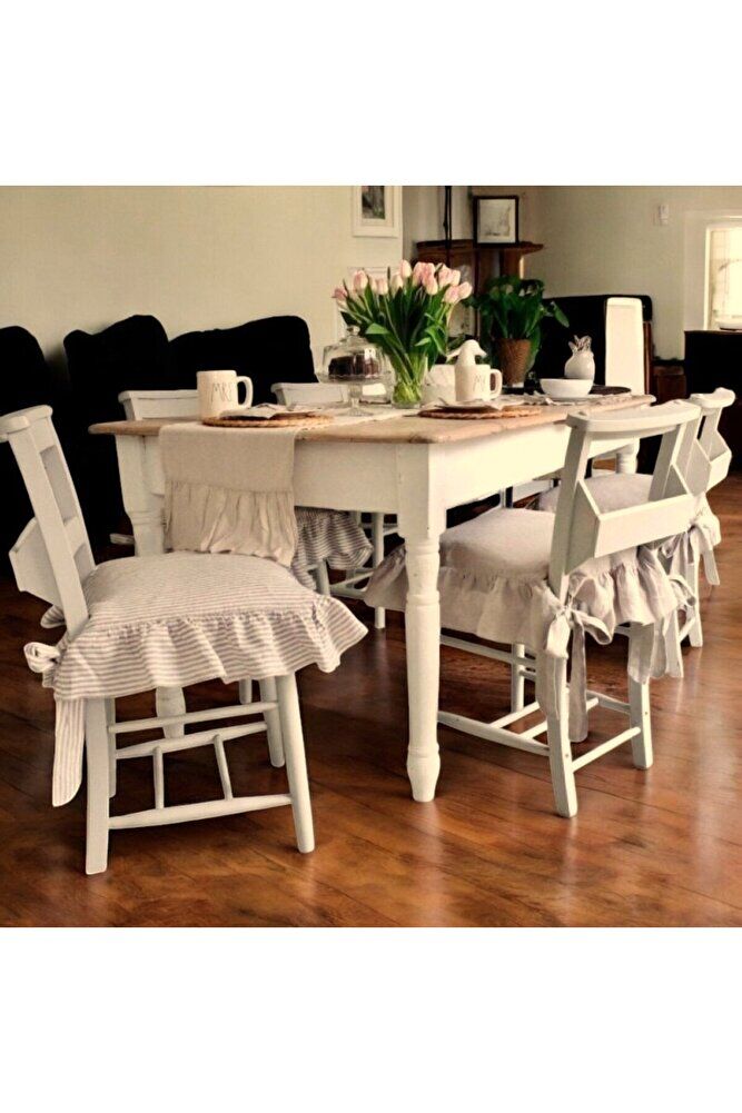 BEJ ÇİZGİLİ BULDAN YIKANMIS KETEN 4 TARAFI FIRFIRLI SANDALYE MİNDERİ