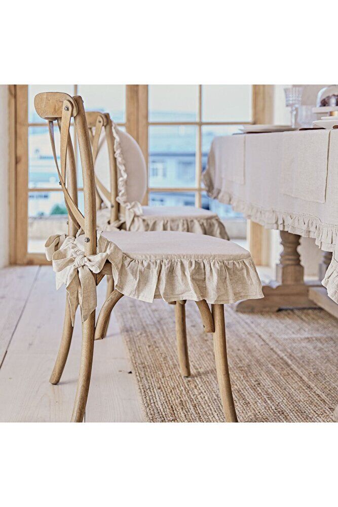 ( Süngersiz) El Yapımı Buldan Yıkanmıs Keten 4 Tarafı Fırfırlı Sandalye Minderi Kılıfı ( Süngersiz)