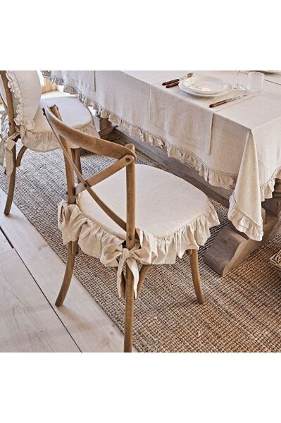 ( Süngersiz) El Yapımı Buldan Yıkanmıs Keten 4 Tarafı Fırfırlı Sandalye Minderi Kılıfı ( Süngersiz)