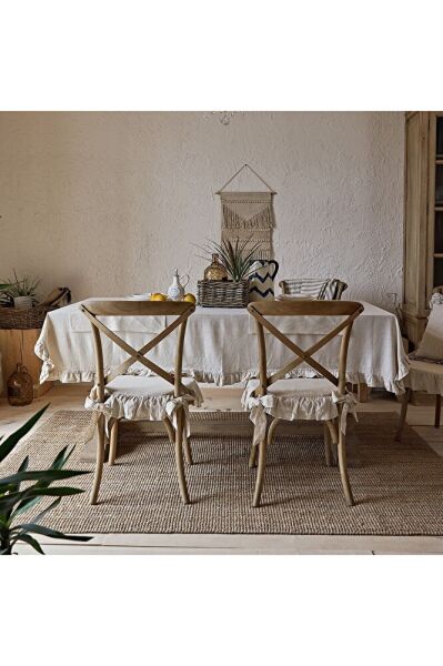 ( Süngersiz) El Yapımı Buldan Yıkanmıs Keten 4 Tarafı Fırfırlı Sandalye Minderi Kılıfı ( Süngersiz)