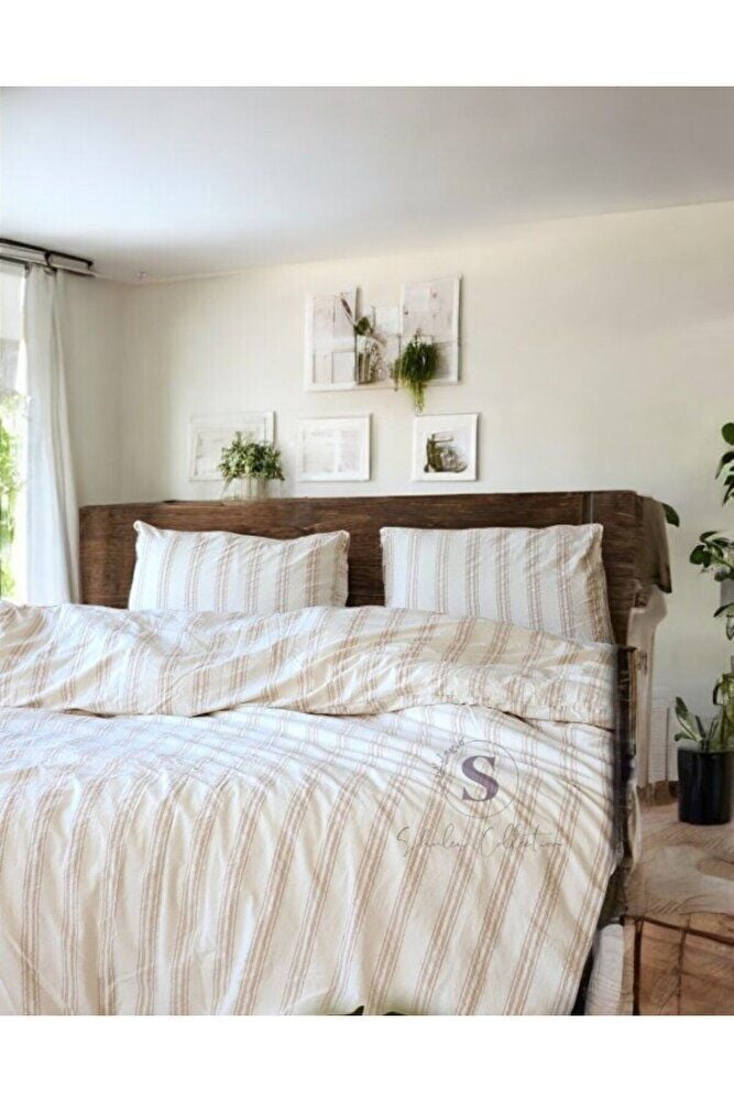 %100 Pamuk Yıkamalı Çift Kişilik Nevresim Seti, Ütü Istemeyen Iplik Boyalı Kahve Çizgili