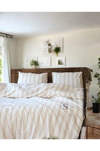 %100 Pamuk Yıkamalı Çift Kişilik Nevresim Seti, Ütü Istemeyen Iplik Boyalı Kahve Çizgili
