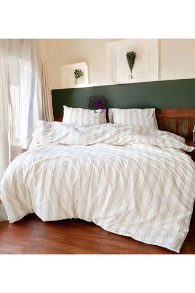 %100 Pamuk Yıkamalı Çift Kişilik Nevresim Seti, Ütü Istemeyen Iplik Boyalı Kahve Çizgili