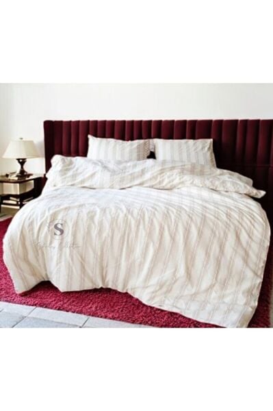 %100 Pamuk Yıkamalı Çift Kişilik Nevresim Seti, Ütü Istemeyen Iplik Boyalı Kahve Çizgili