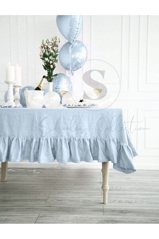 Buldan  Keten Fırfırlı Vintage  Pastel MAVİ  Masa Örtüsü