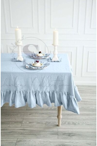 Buldan  Keten Fırfırlı Vintage  Pastel MAVİ  Masa Örtüsü