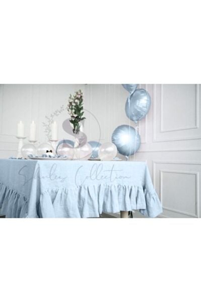Buldan  Keten Fırfırlı Vintage  Pastel MAVİ  Masa Örtüsü