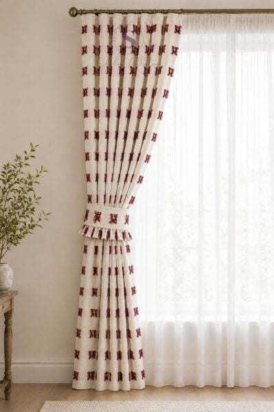%100 PAMUK BULDAN KETEN BORDO PÜSKÜL DETAYLI KUŞAKLI FON PERDE – TEK KANAT 120 x 270