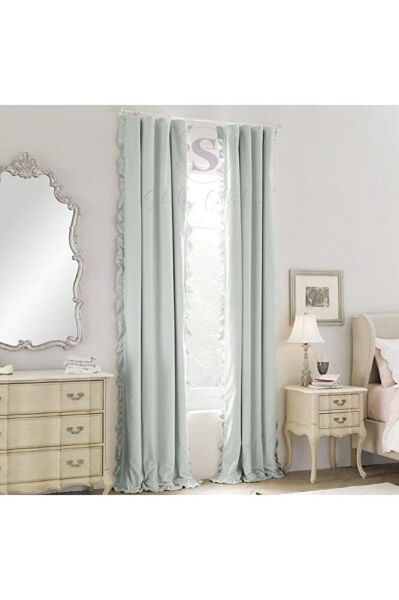 CİFT TARAFLI FIRFIRLI BebeMavi Vintage Pamuk Keten Perde (EN X BOY) - Tek Kanat - Pilesiz