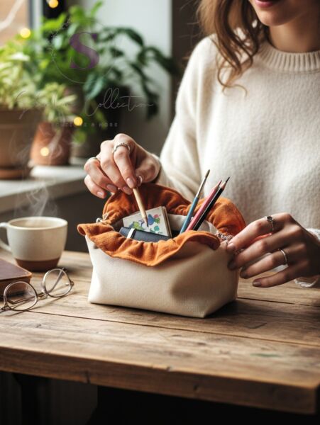 Shules collection Gabardin krem makyaj çantası