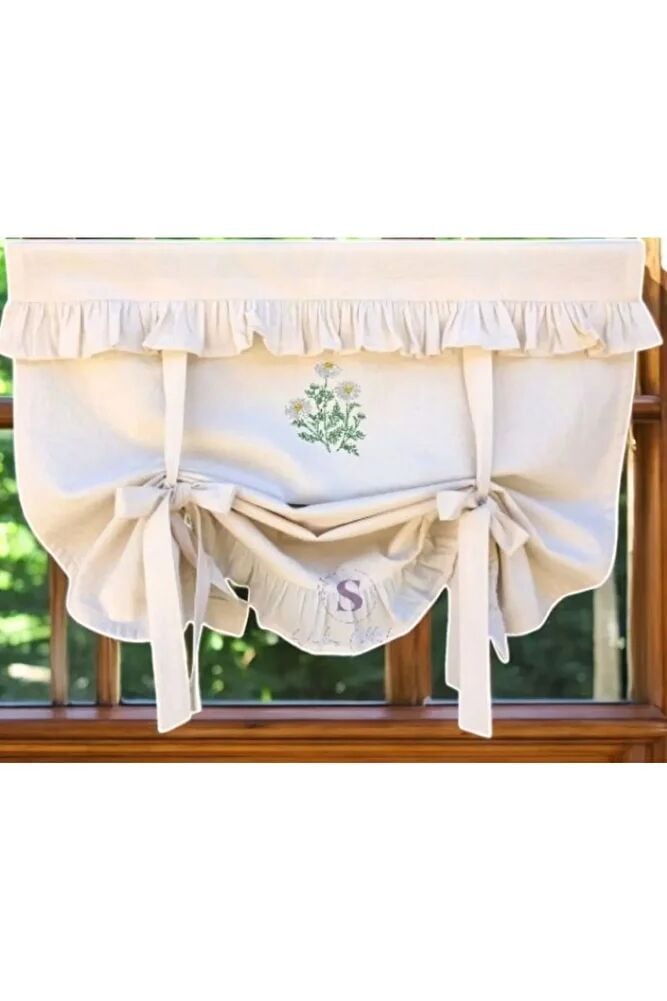 Çift Fırfırlı Papatya Nakışlı Bağlı Pamuklu Fon Perde