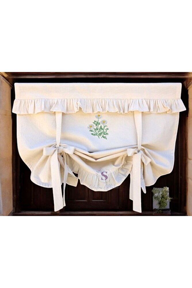 Çift Fırfırlı Papatya Nakışlı Bağlı Pamuklu Fon Perde