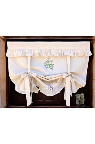 Çift Fırfırlı Papatya Nakışlı Bağlı Pamuklu Fon Perde